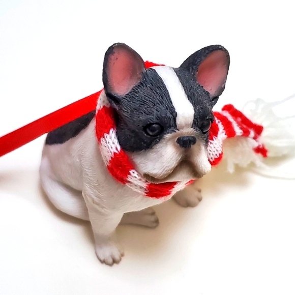 Christmas Tree Ornament Adorable French Bulldog Pup Figurine Red & White Scarf - Picture 9 of 16